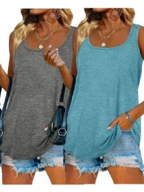 2-piece Women's Summer Sleeveless Top, Square Neck, Solid Color Vest T-shirt