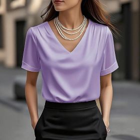 Summer Solid Color Pendant Small V-neck Short-sleeved Shirt Comfortable All-matching (Option: Light Purple-XL)