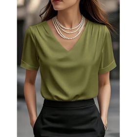 Summer Solid Color Pendant Small V-neck Short-sleeved Shirt Comfortable All-matching (Option: Green-M)