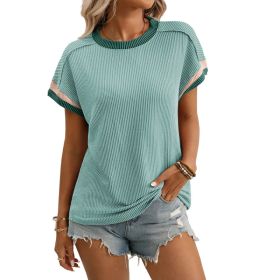 Round-neck Outer-seam Twisted-stripe Short-sleeve Loose-fit Color-block T-shirt (Option: Lake Water Green Color-S)