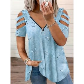 Self-pick-up Plus Size Women'S Casual Heart Print Zipper Short Sleeve Off Shoulder T-Shirt Only Self-pickup Is Supported (Option: Blue-5XL)