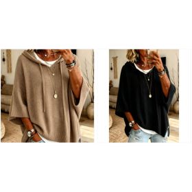 Womens Knitted New-Style Hooded Drawstring Sweater (Option: Khaki and Black-3XL)