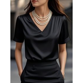 Summer Solid Color Pendant Small V-neck Short-sleeved Shirt Comfortable All-matching (Option: Black-S)