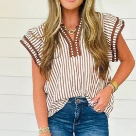 Khaki Stripe Double Ruffled Short Sleeve V Neck Blouse (Option: Khaki-M)