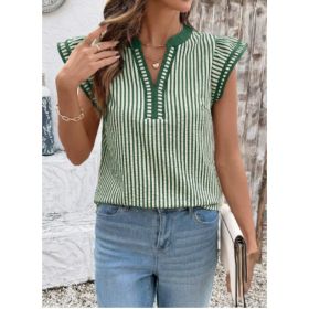 Khaki Stripe Double Ruffled Short Sleeve V Neck Blouse (Option: Green-XL)