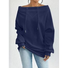 Women's Loose Casual Drawstring Off-the-shoulder Off-shoulder Top (Option: Navy Blue-2XL)