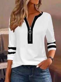 Women's V-collar Contrast Color Striped Loose Zip Long-sleeved T-shirt (Option: White-M)