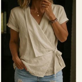 Women's Casual Lapel Collar Lace-Up Short-Sleeve Top (Option: Beige-M)