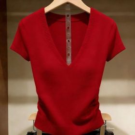Solid-color Knitted Top For Women Super Stylish Slim-fit (Option: Red-S)