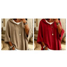 Womens Knitted New-Style Hooded Drawstring Sweater (Option: Red and Khaki-2XL)