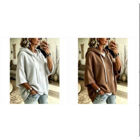 Womens Loose-fitting Hooded Top With Three-quarter Sleeves (Option: Gray and Brown-L)