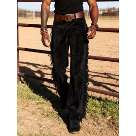 Retro Western Cowboy Deer Skin Fleece Fringe Wide Leg Pants (Option: Black-S)