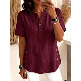 Womens Casual Loose-fitting Pullover Short-sleeve Top (Option: Wine Red-M)
