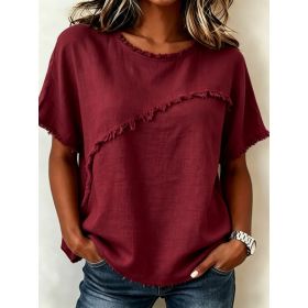 Women's Round-Neck Casual Loose Short-Sleeve Top (Option: Wine Red-S)