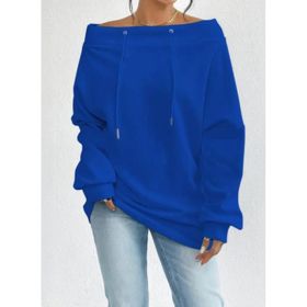 Women's Loose Casual Drawstring Off-the-shoulder Off-shoulder Top (Option: Blue-4XL)