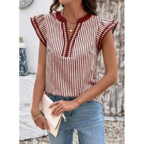 Khaki Stripe Double Ruffled Short Sleeve V Neck Blouse (Option: Wine Red-M)