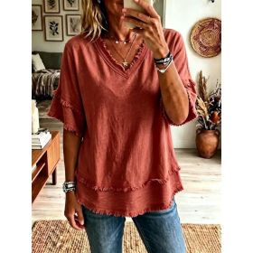 Casual Women's Shirt V-Neck Short Sleeve Loose Fit Pure Color Summer Fashion Trend Pullover Tops For Daily Wear (Option: Brick Red-4XL)