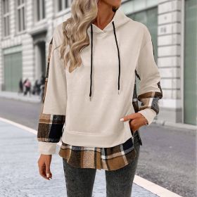 European And American Long Sleeve Plaid Colorblock Hooded Velvet Padded Sweater (Option: White-M)