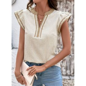 Khaki Stripe Double Ruffled Short Sleeve V Neck Blouse (Option: Apricot-M)
