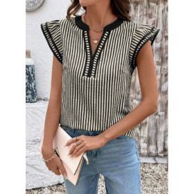 Khaki Stripe Double Ruffled Short Sleeve V Neck Blouse (Option: Black-M)