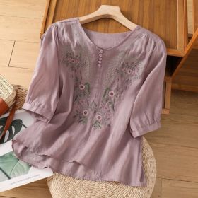 Short Sleeve Top Pullover Embroidered Chinese Women's Loose Slimming And All-matching (Option: Purple-2XL)