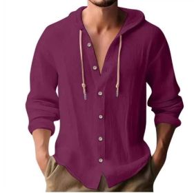 Cotton And Linen Shirt Hooded Sweater Button Long Sleeve (Option: Purple-XL)