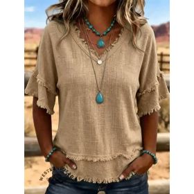 Casual Women's Shirt V-Neck Short Sleeve Loose Fit Pure Color Summer Fashion Trend Pullover Tops For Daily Wear (Option: Khaki-L)