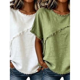 Women's Round-Neck Casual Loose Short-Sleeve Top (Option: White Green-XL)