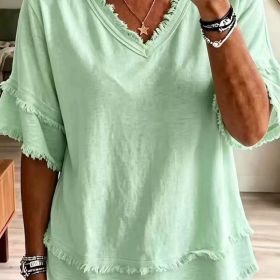 Casual Women's Shirt V-Neck Short Sleeve Loose Fit Pure Color Summer Fashion Trend Pullover Tops For Daily Wear (Option: Light Green-L)