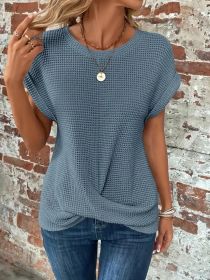 Short-sleeved Waffle T-shirt Summer New Solid Color Crew Neck Top For Womens Clothing (Option: Sea Blue-M)