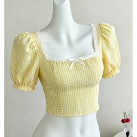 French Sweet Yellow & White Gingham Square Neck Lace Trim Bow Puff Sleeve Crop Top (Option: Yellow-2XL)