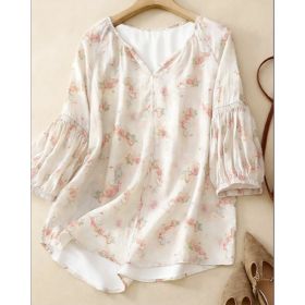 V-Neck Lantern Sleeve Blouse (Option: OffWhite-XS)