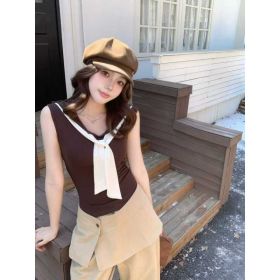 Contrast-color Knitted Vest Top For Women (Option: Brown-Average Size)