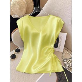 Womens Solid-Color Casual Satin V-Neck Top With Drawstring Hem (Option: Yellow-S)