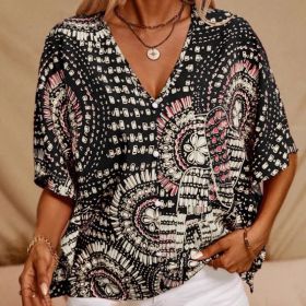 Women's V-Neck Mandala Print Blouse Short Batwing Sleeve Casual Vacation Top (Option: Black-S)