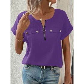 Womens Zipper-Button Top Fashionable Casual T-Shirt For Women (Option: Purple-S)
