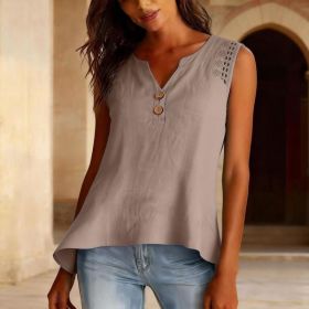 Solid-color V-neck Hollow-out Button Cotton-linen Short-sleeve Top Shirt (Option: Camel-M)