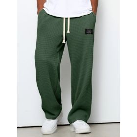 Waffle Straight Pants Fashion Brand Loose Loose  Drawstring Pockets Trousers Casual Men's Clothing (Option: Dark Green-S)