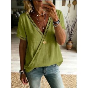 Casual Patchwork Hollow-Out Lace V-Neck Short-Sleeve Top (Option: Green-S)