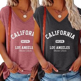 Women's 2 Pack Summer Letter Graphic Printed V Neck Short Sleeve T-Shirt (Option: Red Gray-2XL)