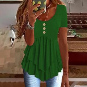 Women's Solid Color Button Front Tunic Top Casual Loose Fit Crew Neck Summer Blouse T-Shirt (Option: Green-XXL)