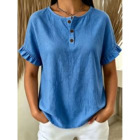 Womens Cotton-Linen Ruffle-Trimmed Button-Up Short-Sleeve Top (Option: Blue-S)
