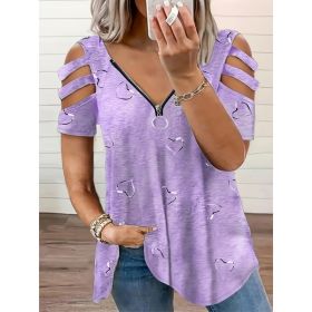 Self-pick-up Plus Size Women'S Casual Heart Print Zipper Short Sleeve Off Shoulder T-Shirt Only Self-pickup Is Supported (Option: Purple-5XL)