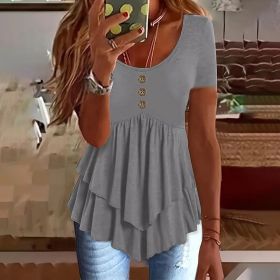 Women's Solid Color Button Front Tunic Top Casual Loose Fit Crew Neck Summer Blouse T-Shirt (Option: Gray-XXL)