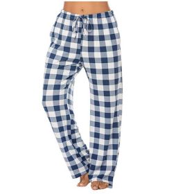 Women's Stretch Plaid Casual Pants With Pockets (Option: Blue and white-L)