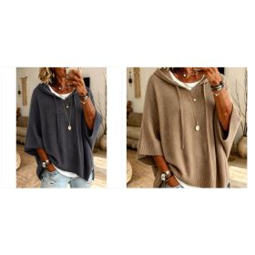 Womens Knitted New-Style Hooded Drawstring Sweater (Option: Khaki and Gray-2XL)
