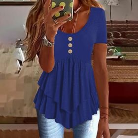 Women's Solid Color Button Front Tunic Top Casual Loose Fit Crew Neck Summer Blouse T-Shirt (Option: Blue-M)