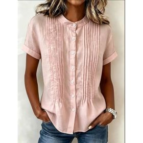 Fashionable Buttoned Stand-collar Solid-color Short-sleeve Shirt (Option: Pink-S)
