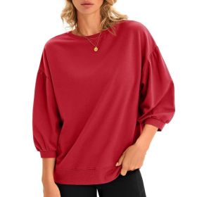 Fisoew Womens Puff Sleeve Sweatshirts Casual Crewneck Sleeve Loose Fit Fall Pullover Tops (Option: Red-S)