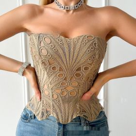 Sexy Hollow Out Corset Top Women Lace Double-layer Streetwear Party Club Corset Clothing (Option: Brown-L)